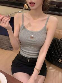 Top de tirantes con encaje Dopamine, top de camiseta ajustado sin mangas para el verano casual - Gris - Ver 1