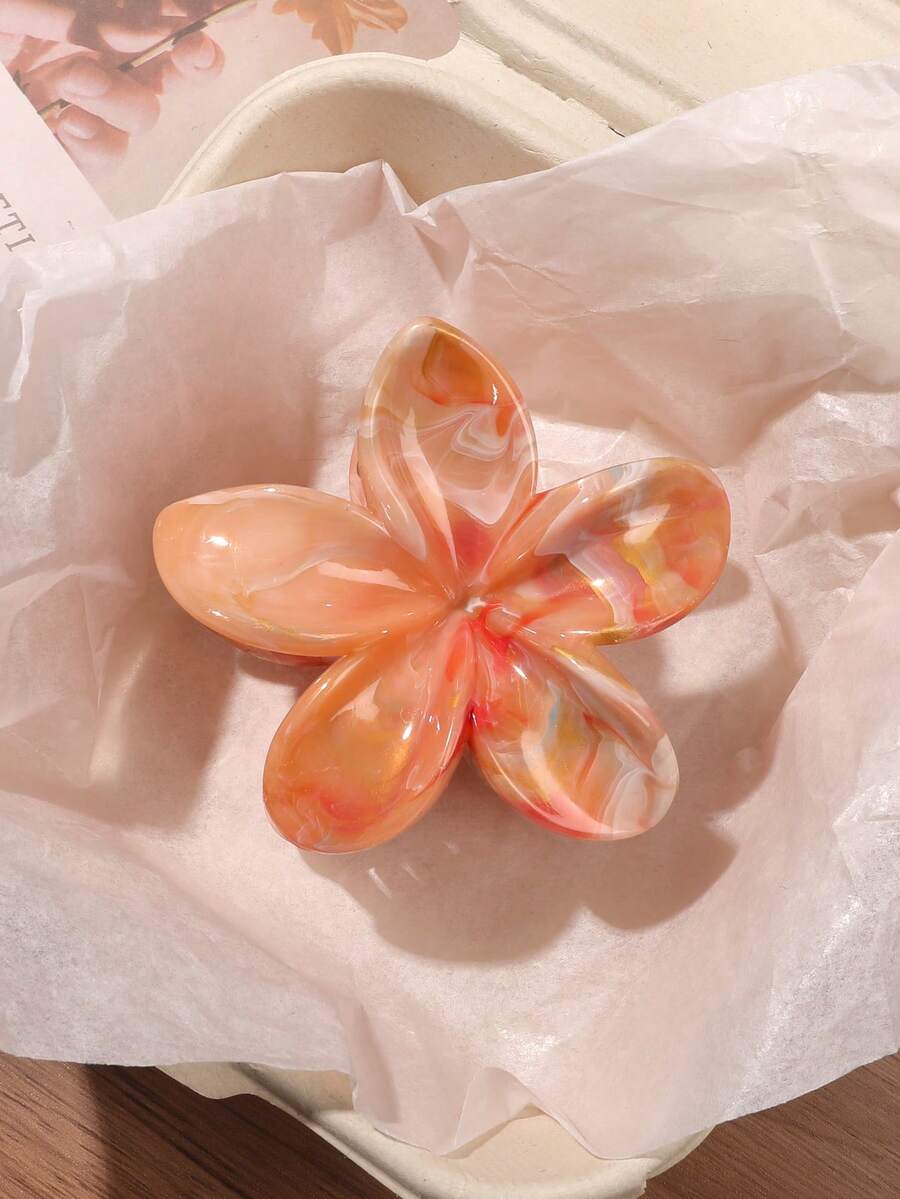 1个ABS材质暖色调蜜桃粉色大理石扎染亮面3D雏菊花，复古春日乡村风，温柔活力甜美氛围，适合海滩度假、丸子头、派对、下午茶、野餐等夏季发饰沙滩抓夹度假 - 彩色 - 查看 1