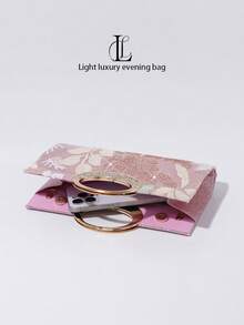 Sac de soirée de luxe pour femme avec fleurs et sequins, sac de mariage, de fête ou de bal de promo avec poignée en cristal circulaire (motif aléatoire) - Rose bonbon - Voir 7