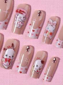 SANRIO 24片中号方形粉色法式美甲贴片，带有可爱旋律、装饰、水钻和爱心设计，粉色少女风格，完美贴合的亚克力假指甲套装，包含1瓶果冻胶和1把指甲锉，适合女孩日常生活、派对和聚会使用的美甲用品。 - 彩色 - 查看 5