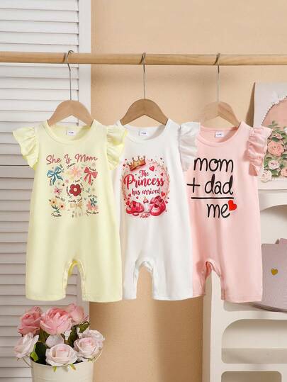 3件套女婴休闲字母、花朵和蝴蝶结装饰柔软针织连体衣，荷叶袖，适合户外穿着，春夏款