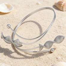 1pc Silver Wavy Shell Armband, Bohemian Gold Summer Beach Style Adjustable Stainless Steel Arm Cuff For Women - Silver - View 8