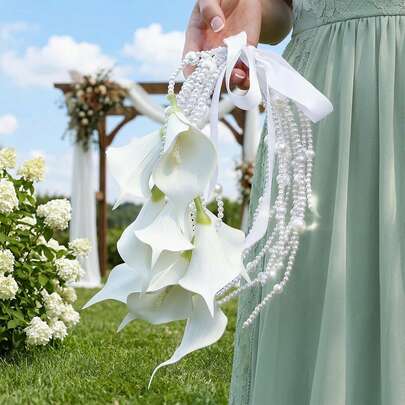 1 pieza Elegante ramo de novia de lirio de cala blanco y perlas al estilo Ins, decoración para boda, compromiso, graduación, fotografía al aire libre, regalo