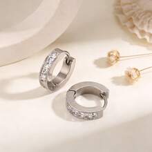 1 Pair Zirconia Inlaid Small Hoop Earrings, Minimalist Fashion Round Earrings, Luxury Style Suitable For Daily Commute For Women - Multicolor - View 6
