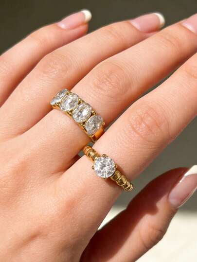 Mazuer 1pc 18K Gold Plated Stainless Steel Cubic Zirconia Ring, Women's Daily Wear, Engagement & Wedding Gift, Romantic Date