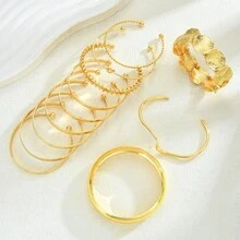 Bộ 12 chiếc vòng tay hở cổ tay kẻ sọc bất đối xứng, thiết kế lá cách điệu, bộ vòng tay thanh lịch, thích hợp làm quà tặng ngày lễ và đeo hàng ngày. - Vàng - Xem 4