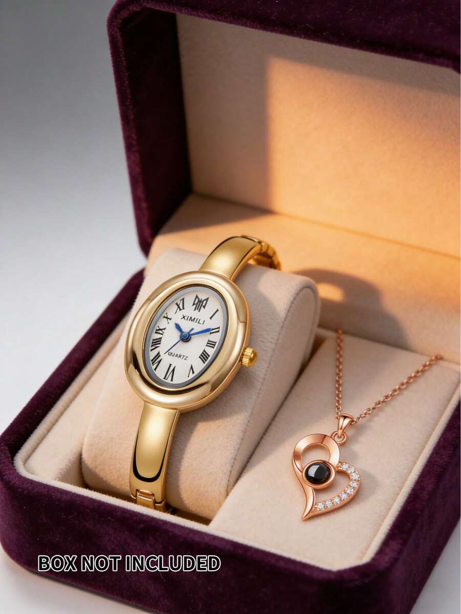 GUANQIN Bộ đồng hồ và dây chuyền sang trọng dành cho nữ thần, đồng hồ đeo tay mặt oval thanh lịch, dây chuyền pha lê hình trái tim, đồng hồ cơ thạch anh thời trang công sở sang trọng dành cho nữ, thích hợp cho Lễ Phục sinh, Halloween, Giáng sinh, Ngày của Mẹ, tựu trường, học sinh, sinh nhật, ngày lễ, Ngày Valentine, hẹn hò, công sở, đeo hàng ngày, quà tặng, lễ hội âm nhạc, mùa cưới. - Vàng và trắng - Xem 1