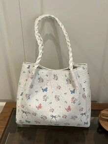 1 chiếc túi xách tay tối giản, chất liệu nylon trắng, in hình bướm và hoa, quai buộc thắt nút, kiểu dáng thường ngày, thời trang và đa năng dành cho nữ, mẫu mới mùa xuân. - trắng - Xem 8