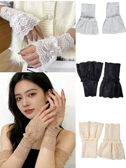 1pc Women's Black Lace Hollow Faux Sleeve, Flared Cuff, Multifunctional Wrist Sleeve, Suitable For Daily Life/Party Occasions, Romantic And Fashionable Accessory To Gift To Parents And Other Friends And Family During Holidays, White Glove Clothing Accessory, Black Lace Glove, Sleeve Cuff