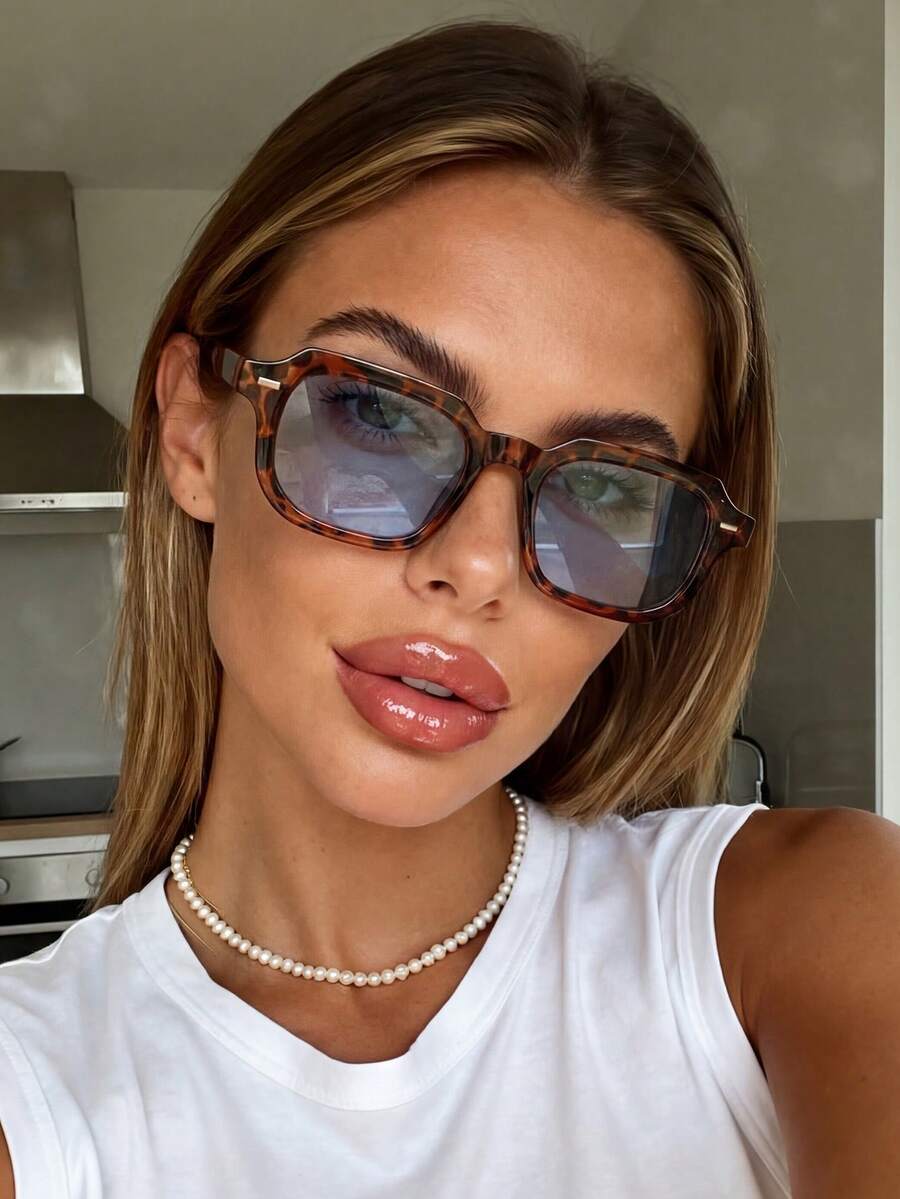 1 Pair Unisex Square Leopard Print Blue Classic Sunglasses, Timeless Design Suitable For Daily Life, Rave Parties, Music Festivals, Street Photography, Weekend Outfits, Family Outings, Fits All Face Shapes, Also Suitable For Back To School, College Style, Campus Looks - Leopard Blue - View 1