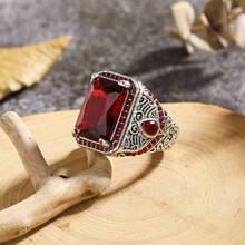 1pc European And American Literary Retro Carved Flower Men's Dating Ring - Red - View 1