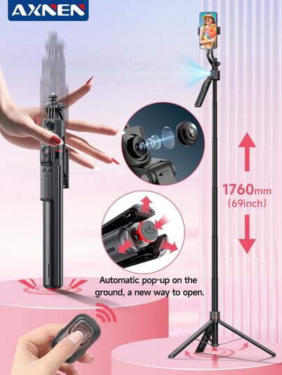 AXNEN 1760mm/69in Auto-Deploying Retractable Tripod With One-Touch Pop-Up Floor Stand, Wireless Remote Control And Dimmable Fill Light, Detachable Phone Holder, Compatible With IPhone/Android And Other Smartphones, Suitable For Travel, Vlogs, Live Streaming, Outdoor Photography, Influencer Shooting.