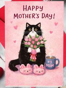 Một tấm thiệp Ngày của Mẹ ấm áp, với hình ảnh chú mèo đen trắng đang cầm bông hoa tulip màu hồng và ly cà phê, cùng thông điệp "Gửi người mẹ tuyệt vời nhất", món quà hoàn hảo dành tặng mẹ yêu quý. Hình minh họa Ngày của Mẹ được vẽ tay theo phong cách nhẹ nhàng. - nhiều màu - Xem 3