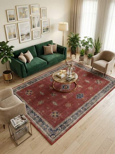 1pc Luxury Moroccan Vintage Floral & Striped Faux Wool Area Rug/Carpet/Door Mat/Runner, Suitable For Bathroom, Kitchen, Entryway, Hallway, Bedside, Living Room, Bedroom, Machine Washable, Home Decor