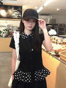 Black & Polka Dot Puff Collar Short Sleeve T-Shirt, Fitted Design, Versatile Summer Top For Women - Black - View 6