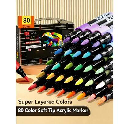 80支/套 直涂式高光丙烯酸马克笔、凝胶笔、大容量速干美术彩色笔、返校季、DIY计划笔套装、绘画套装、学习文具、彩色马克笔，适用于陶瓷、玻璃、塑料、木材、石头等材质。