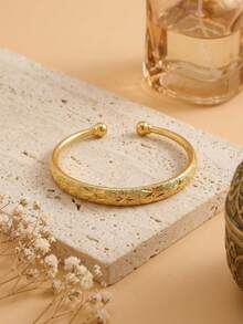 1pc Open Bangle Bracelet With Spiral Pattern & Star Embossed Design, Everyday Wear For Women - Gold - View 5