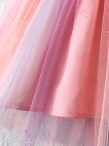 Girls' Gradient Purple Mesh Spaghetti Strap Dress: Ruffle Shoulder Straps + Elastic Bust Design, Cute And Sweet, Layered Gradient Mesh Skirt With Sequins, Dreamy Macaron Color, Princess Style, Suitable For Baby Birthday Party/Holiday Celebration - Pink - View 6