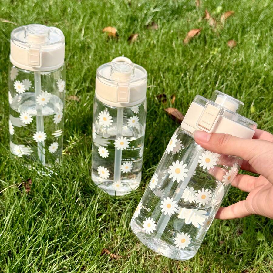 HILAKE Daisy Bounce Cap 塑料水瓶 - 400ml、600ml、800ml | 耐用便携果汁瓶，带盖和吸管 - 生日、情人节、圣诞节和婚礼等场合送给家人、朋友、姐妹、同事的完美礼物 - 理想的旅行杯