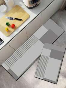 1pc Silica Gel Kitchen Mat With Layered Gray Blocks And Parallel Striped Modern Minimalist Design, Luxurious And Fashionable, Cushioning And Anti-Fatigue Kitchen Carpet With Surface Fabric, Middle Sponge Absorbent Material, And Bottom Rubber Material That Is Easy To Clean - Multicolor - View 2