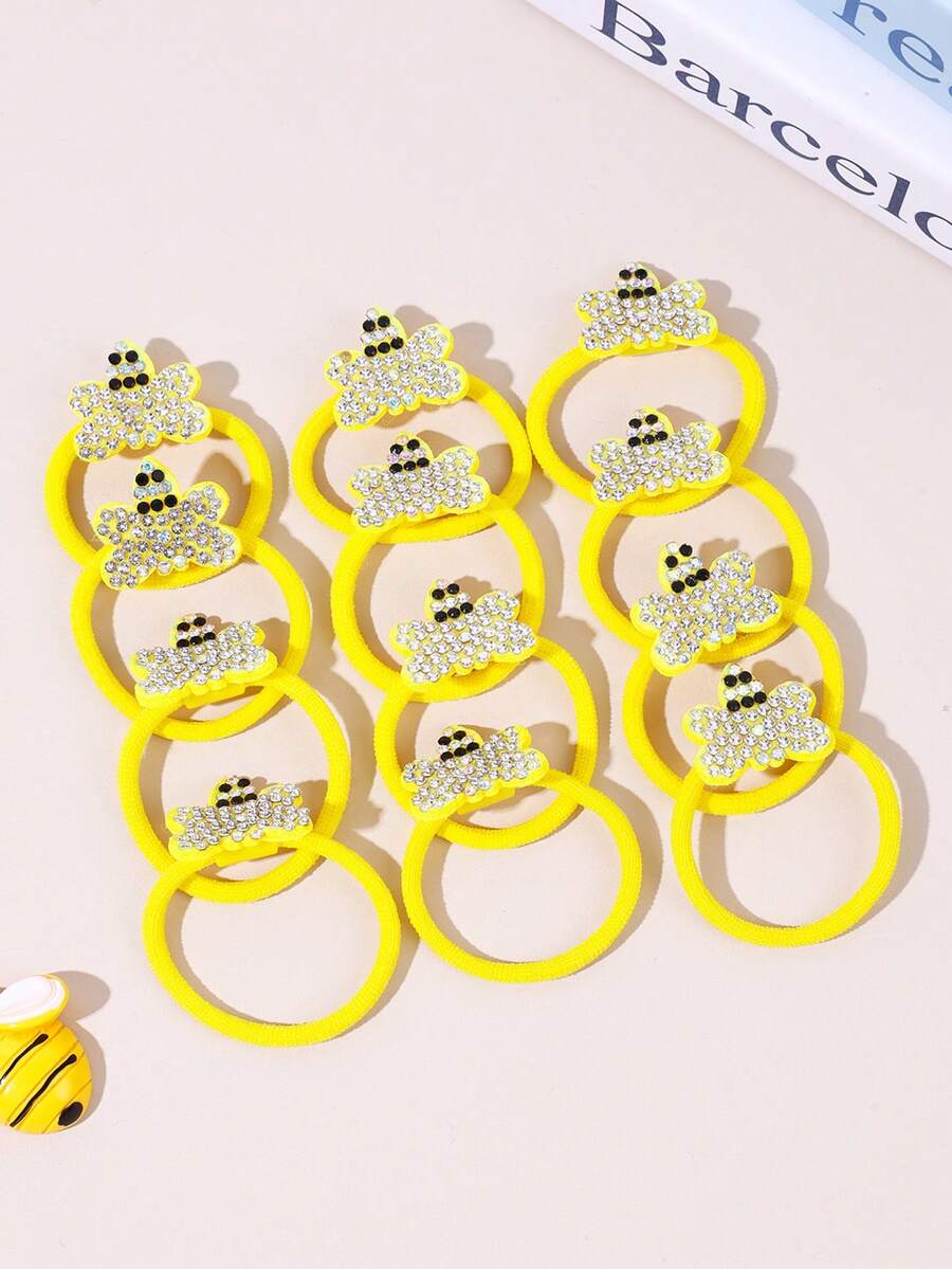 12pcs/Set World Bee Day Hair Ties For Girls, Yellow Bee Hairbands, Bling Rhinestone Hair Bands, Cute Hair Accessories For Girls Gifts,Party,Spring,Summer,Holiday  - Yellow - View 1