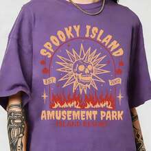 Spooky Island Amusement Park T-Shirt, Retro 2000s Halloween Movie Shirt, Disco Skull, Summer Spooky T-Shirt, 90s Nostalgia Halloween Tee For Halloween-Motion Tee - Màu tím  Violet - Xem 5