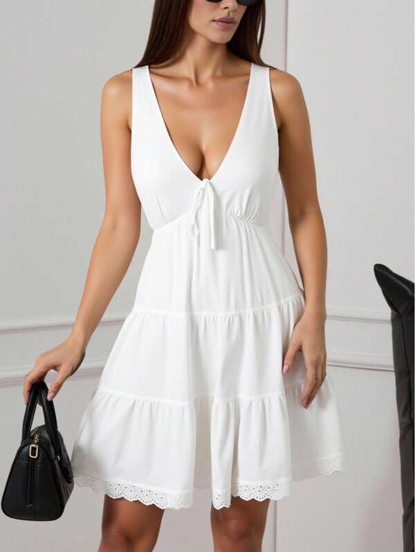 Women's Sleeveless Tie Bow V-Neck Dress, Suitable For Summer Daily Wear, Casual Vacation, Evening Date, Party And Other Occasions White Elegant