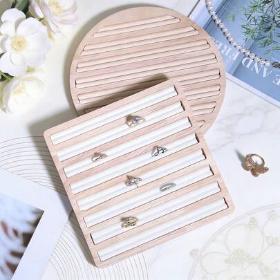 1 pieza Bandeja de exhibición de joyas de madera simple, opcional redonda/cuadrada, bandeja de almacenamiento de anillos de terciopelo/piel sintética de múltiples ranuras para exhibición en el escritorio del hogar y la tienda