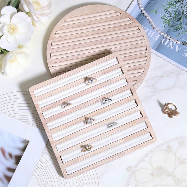 1pc Simple Wooden Jewelry Display Tray, Round/Square Optional, Velvet/Faux Leather Multi‑Slot Ring Storage Tray For Shop And Home Desktop Display