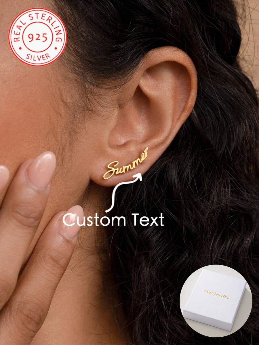 Đôi bông tai bạc 925 có thể khắc tên tiếng Anh theo yêu cầu, bông tai chữ cái đơn giản cá nhân hóa, kiểu dáng thời trang đơn giản, trang sức nữ đeo hàng ngày. - Vàng - Xem 1