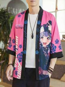 玫瑰印花七分袖宽松和服开衫，动漫风格外套 - 玫瑰紅 - 查看 1