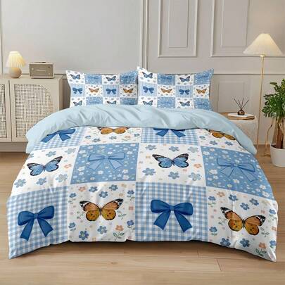 3pcs Butterfly & Floral Printed Duvet Cover Set, Soft & Comfortable Material Suitable For Cozy Bedroom, Includes 1 Duvet Cover And 2 Pillow Shams, Easy Care Machine Washable Bedding Set For All Occasions, Minimalist, Elegant, Luxury, Romantic, Couple Essential, Zipper Closure, Bedroom Decor, Gift Idea, Suitable For Hotel, Bedroom, Guest Room And Dormitory