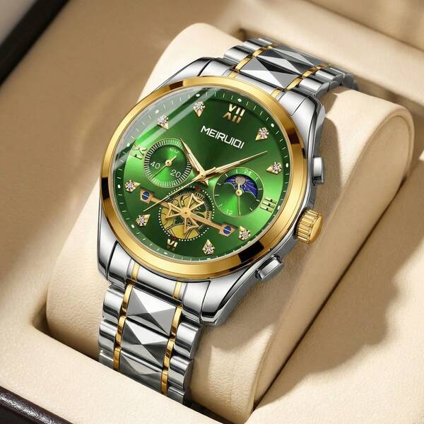 1pc Men's Gold-Tone Steel Band Three-Eye Six-Needle Multi-Function Quartz Wrist Watch, Fashionable Korean Style