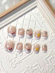 SANRIO Bộ 24 miếng dán móng tay vuông ngắn, kiểu móng tay Pháp với họa tiết ngôi sao, nơ và đá lấp lánh dễ thương, bao gồm 1 gel dán và 1 dũa móng, phù hợp cho nữ sử dụng hàng ngày và dự tiệc. - Nhiều màu - Xem 2