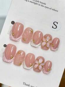 24pcs Pink Edged 3D Carved Short Square Nails, Y2K French Manicure Nude Pink Versatile Handmade Nail Accessories With Gold Beads, Suitable For Daily Wear, Press-On Nail Tips Handmade Press On Nails - Hồng - Xem 1