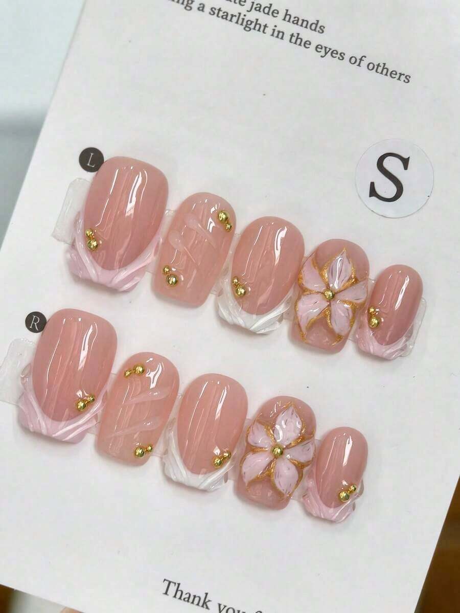 24pcs Pink Edged 3D Carved Short Square Nails, Y2K French Manicure Nude Pink Versatile Handmade Nail Accessories With Gold Beads, Suitable For Daily Wear, Press-On Nail Tips Handmade Press On Nails - Hồng - Xem 1