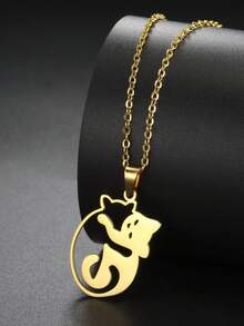 1pc Fashionable Stainless Steel Hollow Hugging Cat Pendant Necklace, Cute Animal Pattern Unisex Necklace - Simple Series - View 2