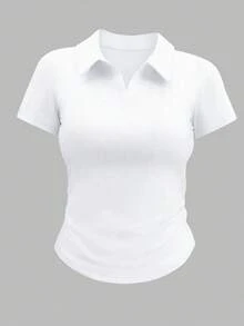 女款四季運動 Polo 衫，休閒修身長袖上衣，翻領 V 領，無鈕扣白色 - 白色 - 查看 7