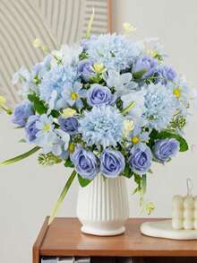 Buquê de hortênsias artificiais bordadas em seda, 1 peça, 29 cm (11,41 polegadas), rosas artificiais de chá para vaso de casamento na primavera, decoração de casa, sala de jantar, quarto, feriados, festa de aniversário, jardim externo, presente de Dia dos Namorados, decoração de baile de formatura. - Azul - Ver 10