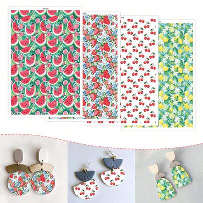 1 pièce de papier transfert motif fruit, cerise/pastèque/citron/fraise, taille 5,82 * 3,93 pouces, papier transfert en polymère spécial pour création de bijoux et boucles d'oreilles en argile polymère DIY
