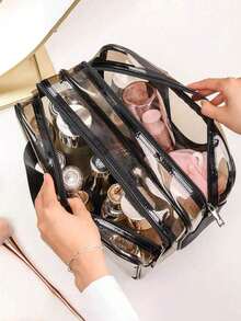 1pc Transparent PVC Cosmetic Bag, Travel Makeup Pouch, Brush Holder, Toiletry Bag, Handheld Wash Bag, Cosmetic Storage Bag, Beach Bag, Travel Essential - Brown - View 2