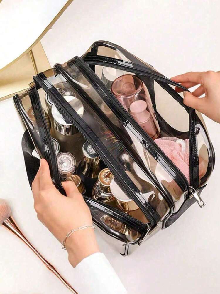 1个透明PVC化妆包，旅行化妆包，刷具收纳包，洗漱包，手提洗漱包，化妆品收纳包，沙滩包，旅行必备品 - 咖色 - 查看 2