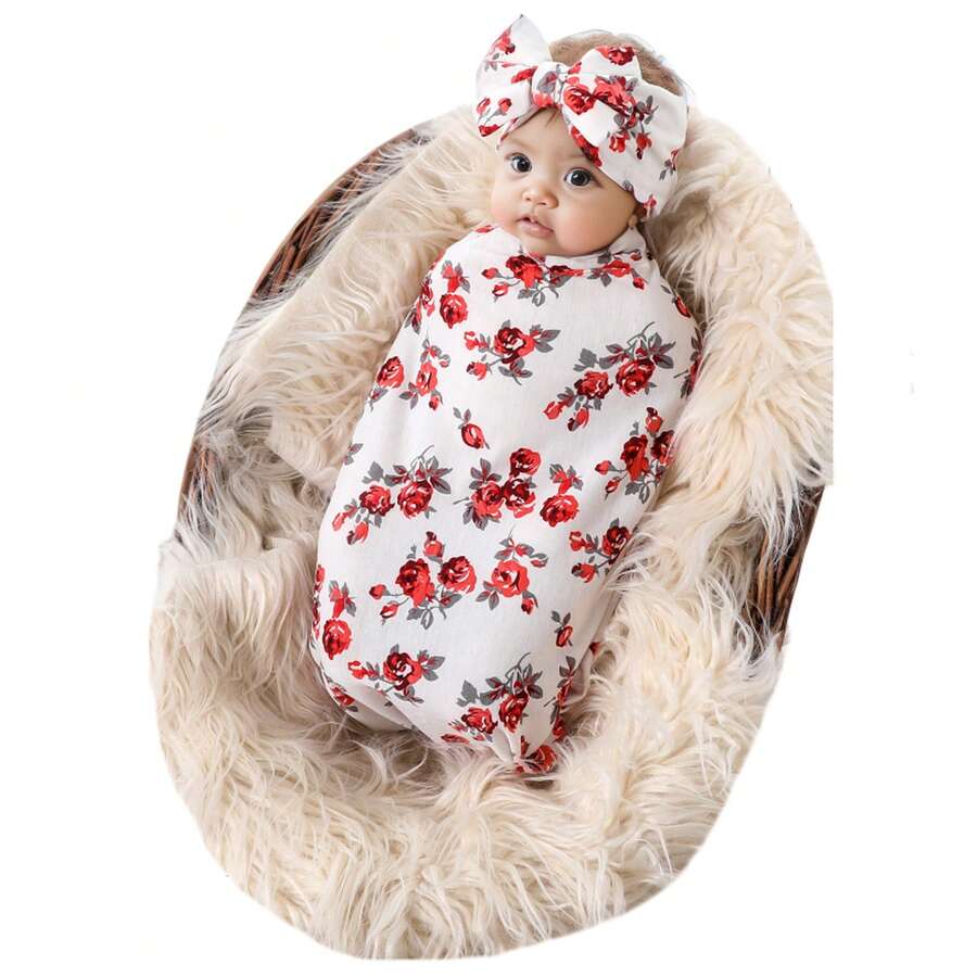 Receiving Blanket Headband Set Flower Print Baby Swaddle Blankets - Red - View 1