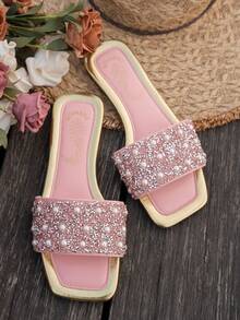 女士平底方头凉鞋，多巴胺色混搭，休闲舒适室内外两用拖鞋，慵懒度假沙滩人字拖 - 淺粉色 - 查看 9