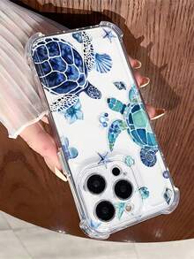 1pc TPU Material Ocean Element Sea Turtle, Starfish, Flower, Shell Pattern Shockproof Transparent Phone Case, Suitable For IPhone 16/16 Pro Max/15 Plus/14/13/12/11/7/8 - Clear - View 2