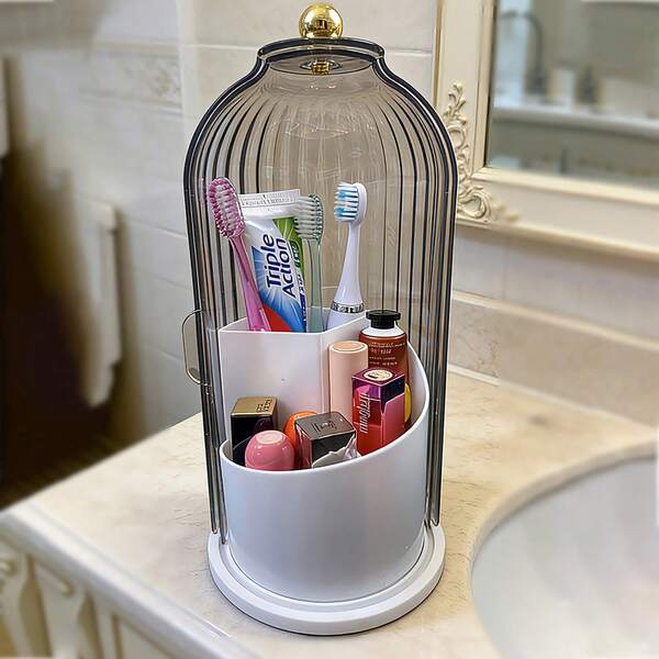 Organizador de soporte para brochas de maquillaje de 360° con tapa, a prueba de agua y polvo para almacenamiento en el tocador