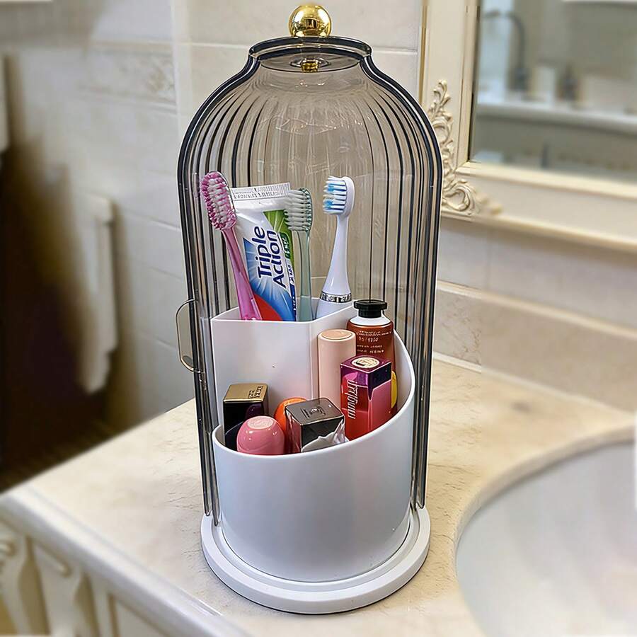 360° Makeup Brush Holder Organizer With Lid Waterproof Dustproof Vanity Storage - Grey - View 1