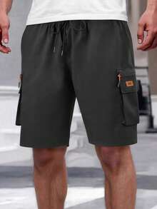 Men's Outdoor Multi-Pocket Khaki Shorts, Leather Label, Drawstring Waist Sports - Black - View 3