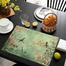 Bộ 4/6/8 tấm lót bàn ăn họa tiết chim và hoa cổ điển, trang trí tiệc, thảm trải bàn bằng vải lanh (khăn trải bàn in có thể giặt), tấm bảo vệ bề mặt, vật trang trí lý tưởng cho nhà bếp trong dịp lễ và các buổi họp mặt gia đình. - Nhiều màu - Xem 2