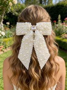 1pc Women's White Fashionable Elegant Faux Pearl Bow Hairclip, Suitable For Daily Wear And Gatherings - White - View 7